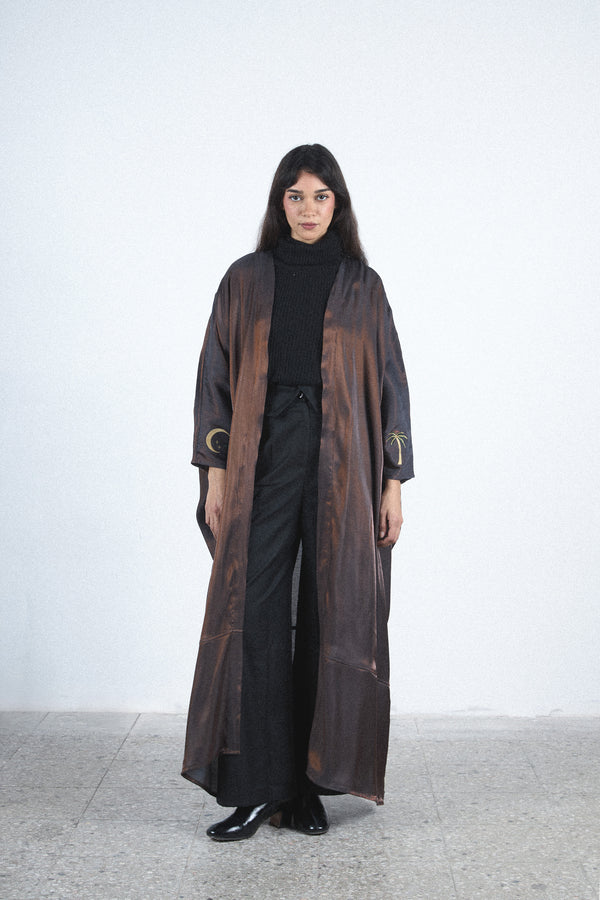 Palm Embroidered satin abaya - Brown