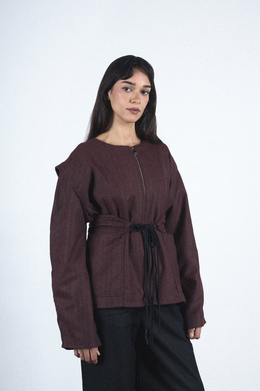 Burgundy structured tie blazer