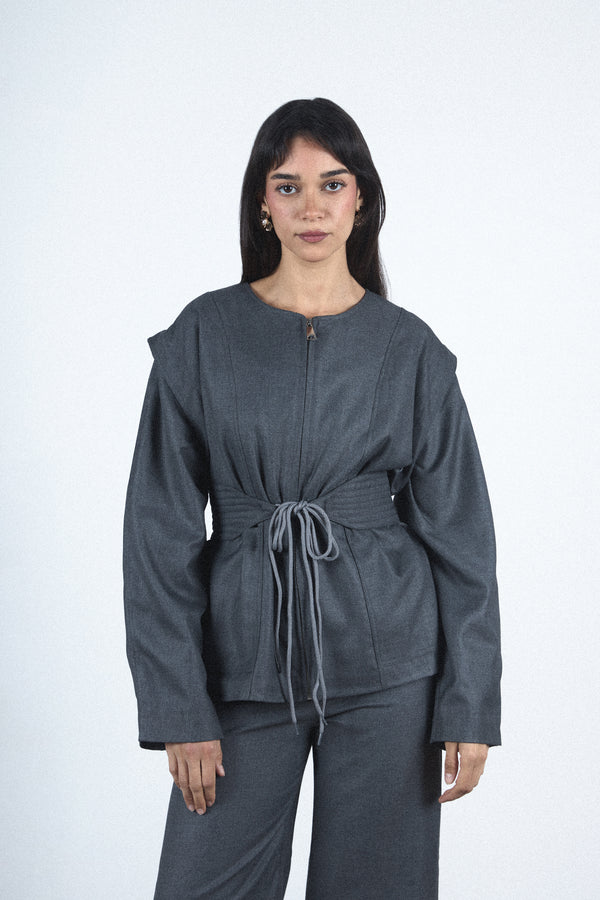 Gray structured tie blazer